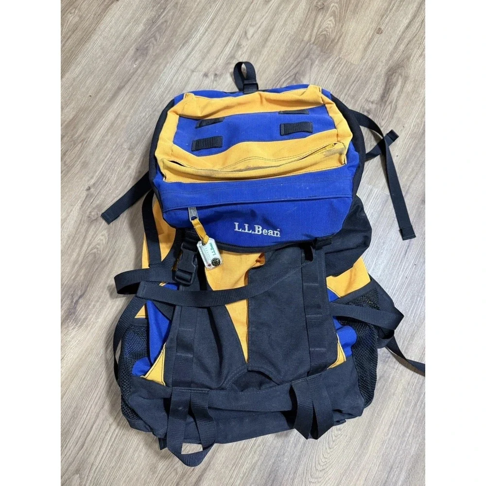 Vtg L.L BEAN Blue Yellow Hiking Camping Backpack‎ Pack-Out Heavy Duty Rucksack
